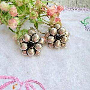 Floral Silver Clip-On Earrings with black center stone